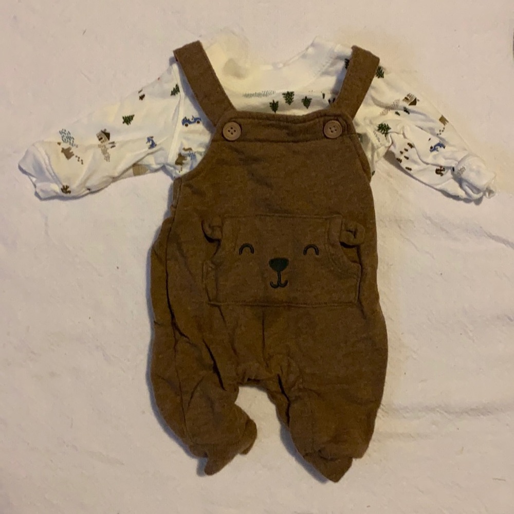 Carter NB Brown Bear Overalls and Forest Long Sleeve Shirt  EUC
